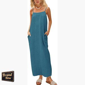 Linen Maxi Dress with Spaghetti Straps Square Neck Backless Slit